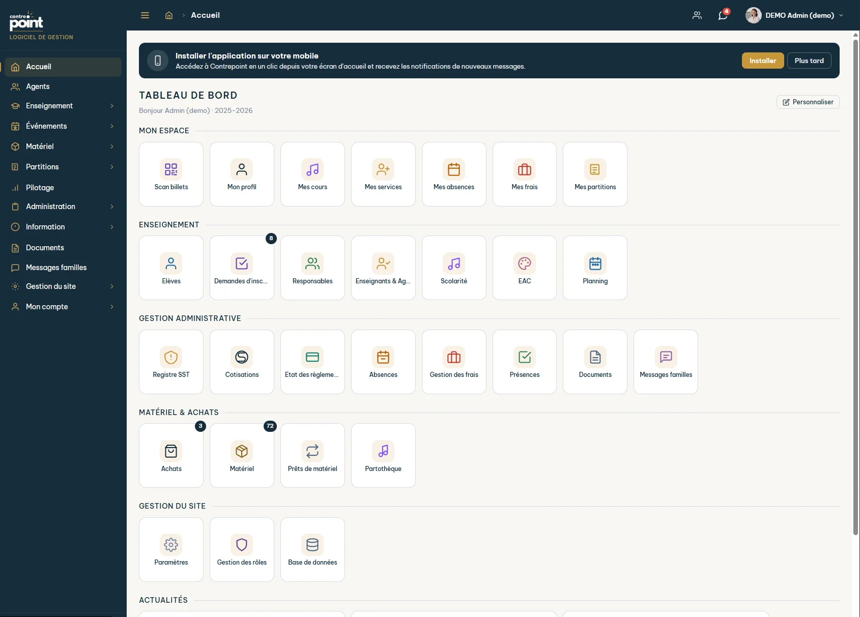 Tableau de bord Contrepoint : modules Mon espace, Enseignement, Gestion administrative, Matériel et Gestion du site