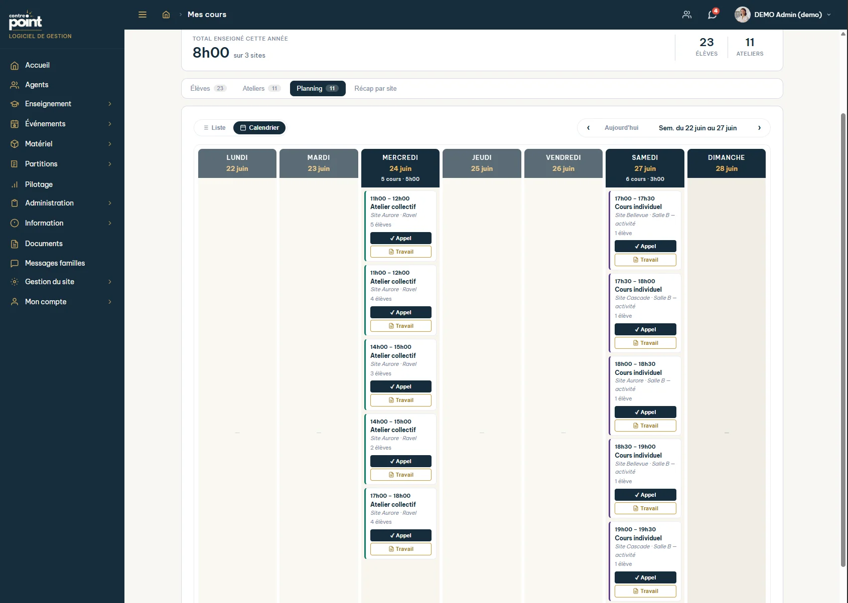 Vue Mes cours de l'enseignant dans Contrepoint : calendrier hebdomadaire des ateliers et cours individuels avec boutons Appel et Travail