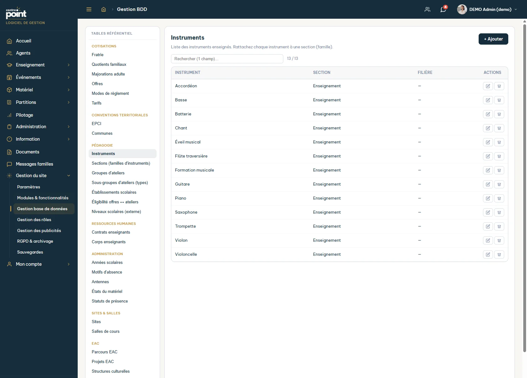 Gestion de la base de données Contrepoint : tables de référentiel entièrement administrables (instruments, offres, sites, communes, contrats...)